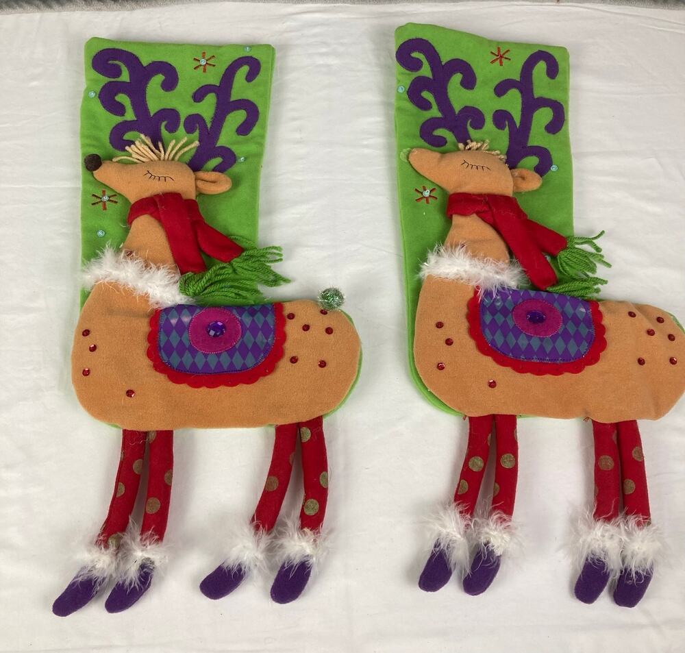 Pier 1 Imports 2 Christmas Reindeer Stocking Green Applique 3D Dangling Leg FLAW